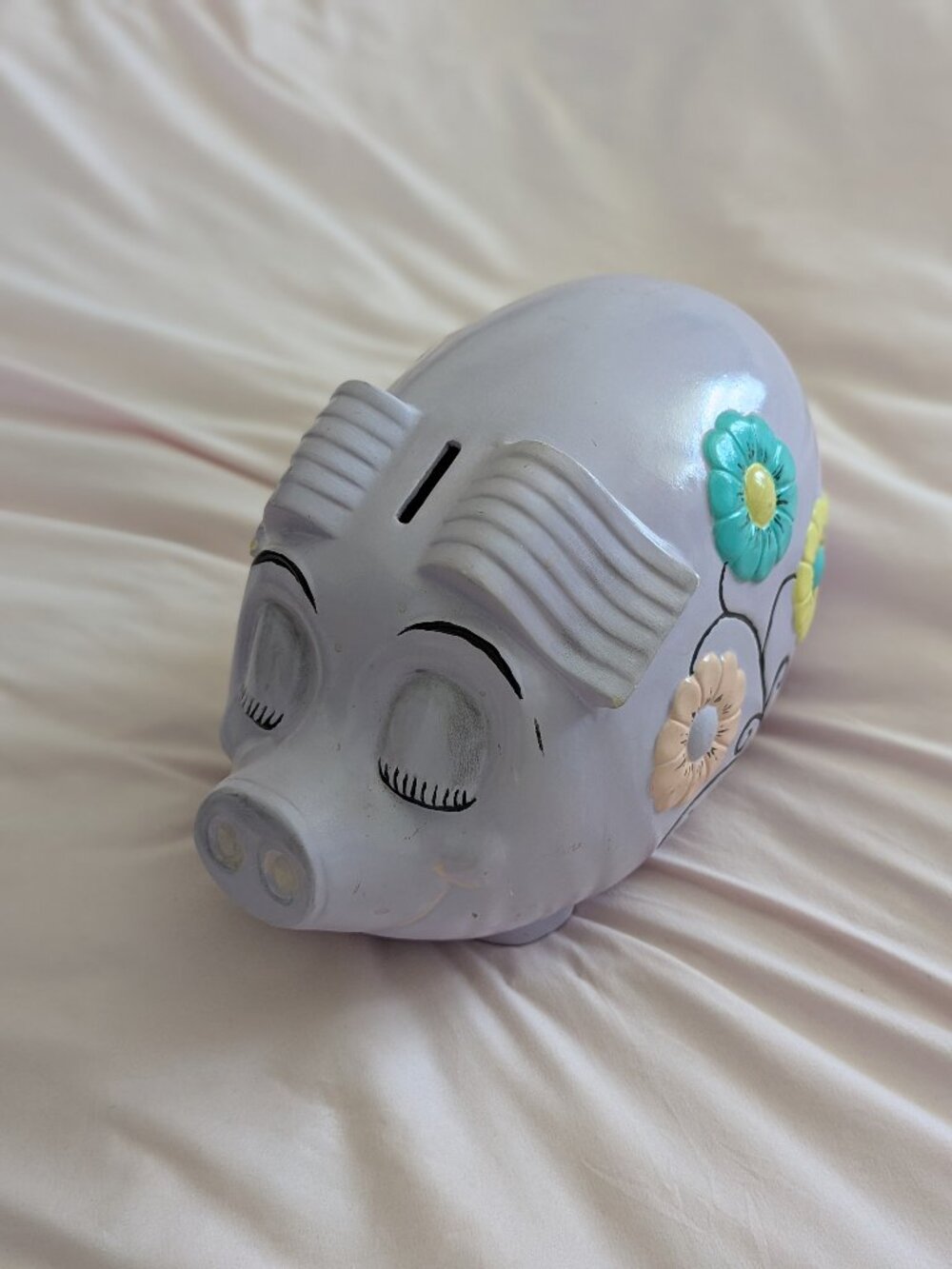 Vintage Purple Floral Ceramic Piggy Bank Pastel